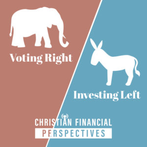 republican elephant icon and democrat donkey icon with title voting right investing left from Christian financial podcast